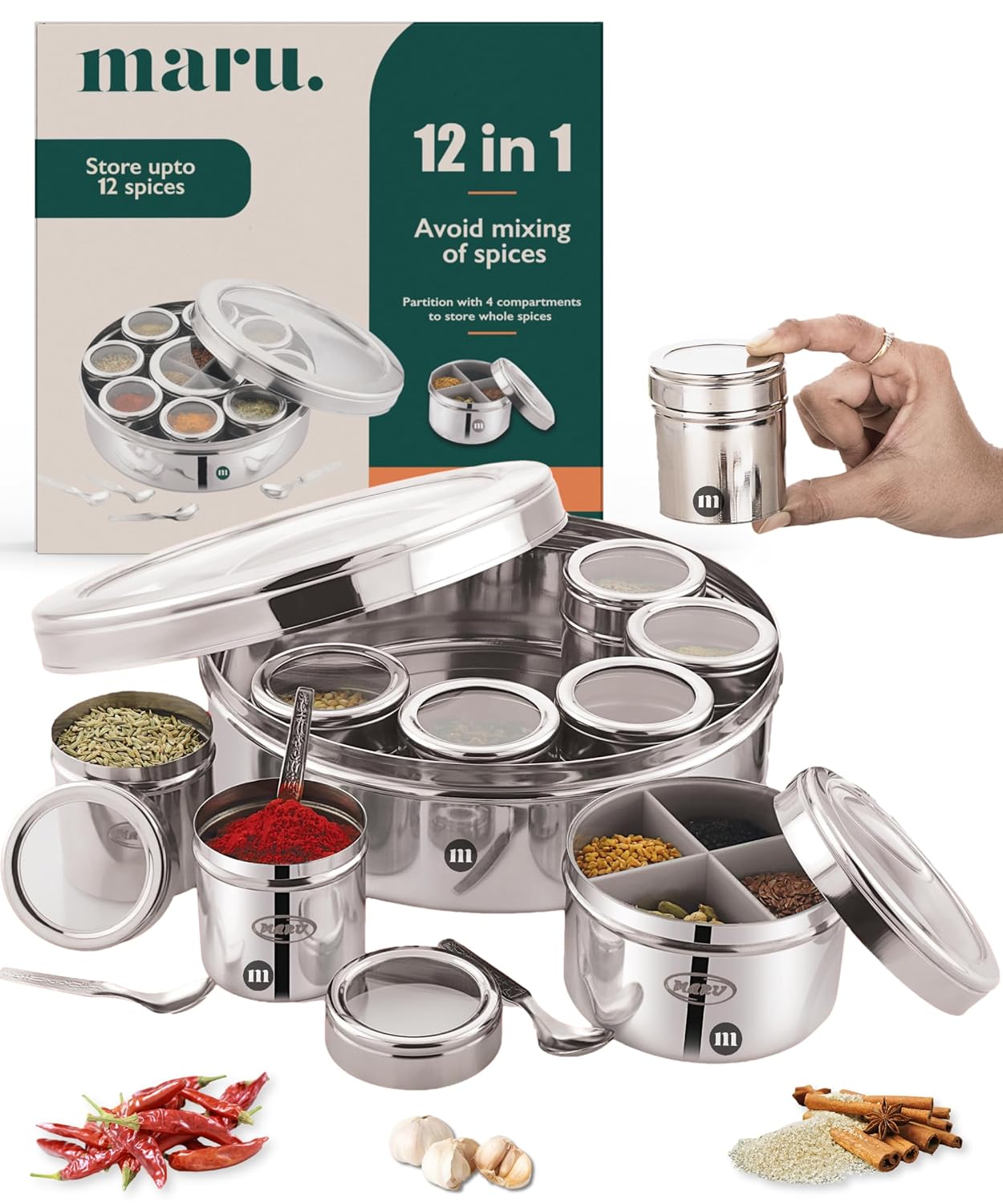 MARU Steel 12-in-1 Spice Box For Kitchen, Durable Masala Dani with Middle Partition Container - Dista