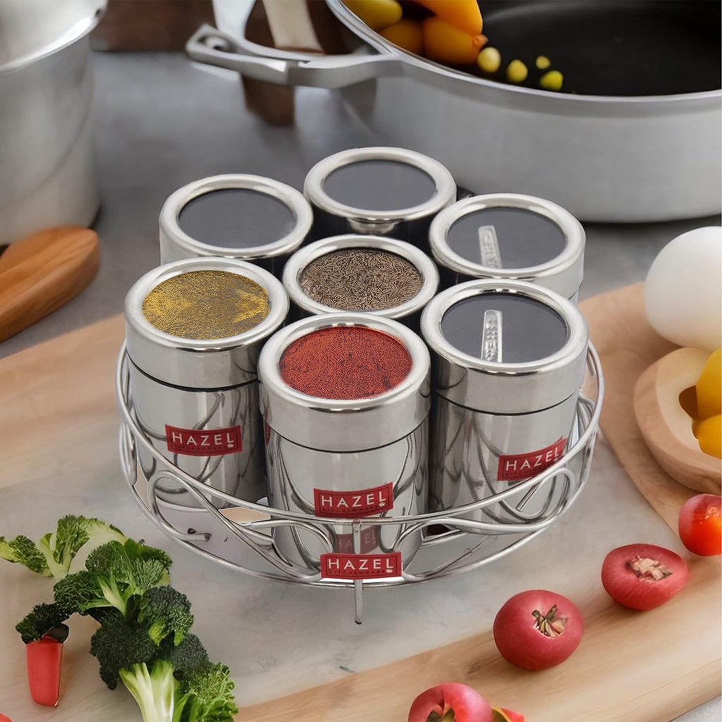 HAZEL Stainless Steel Masala Container|Masala Boxes for Kitchen with 7 Spoons(Set of 7) - Dista