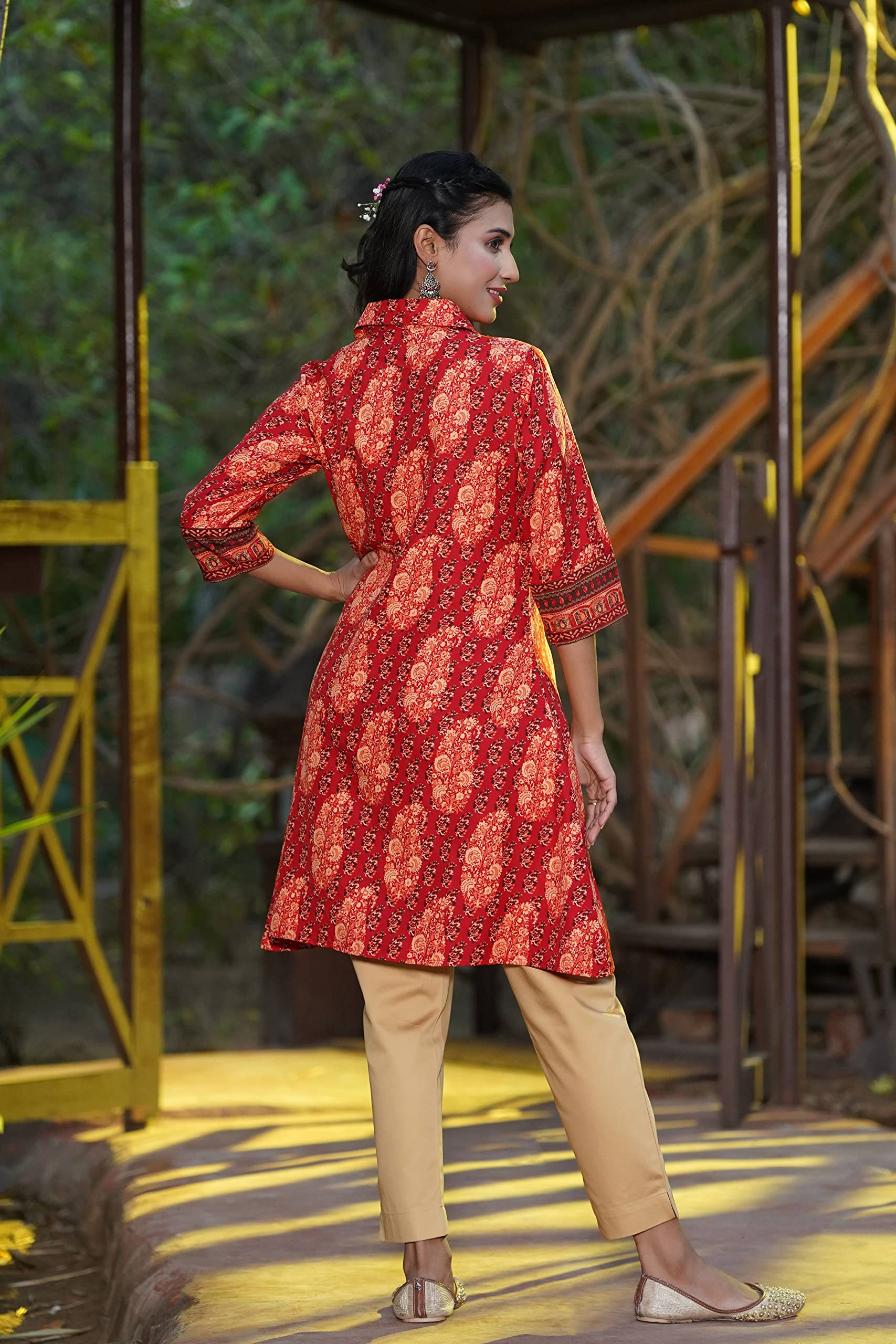 Juniper Women's Red Ethnic Motif Printed Rayon A-Line Kurta with Buttons - Distacart