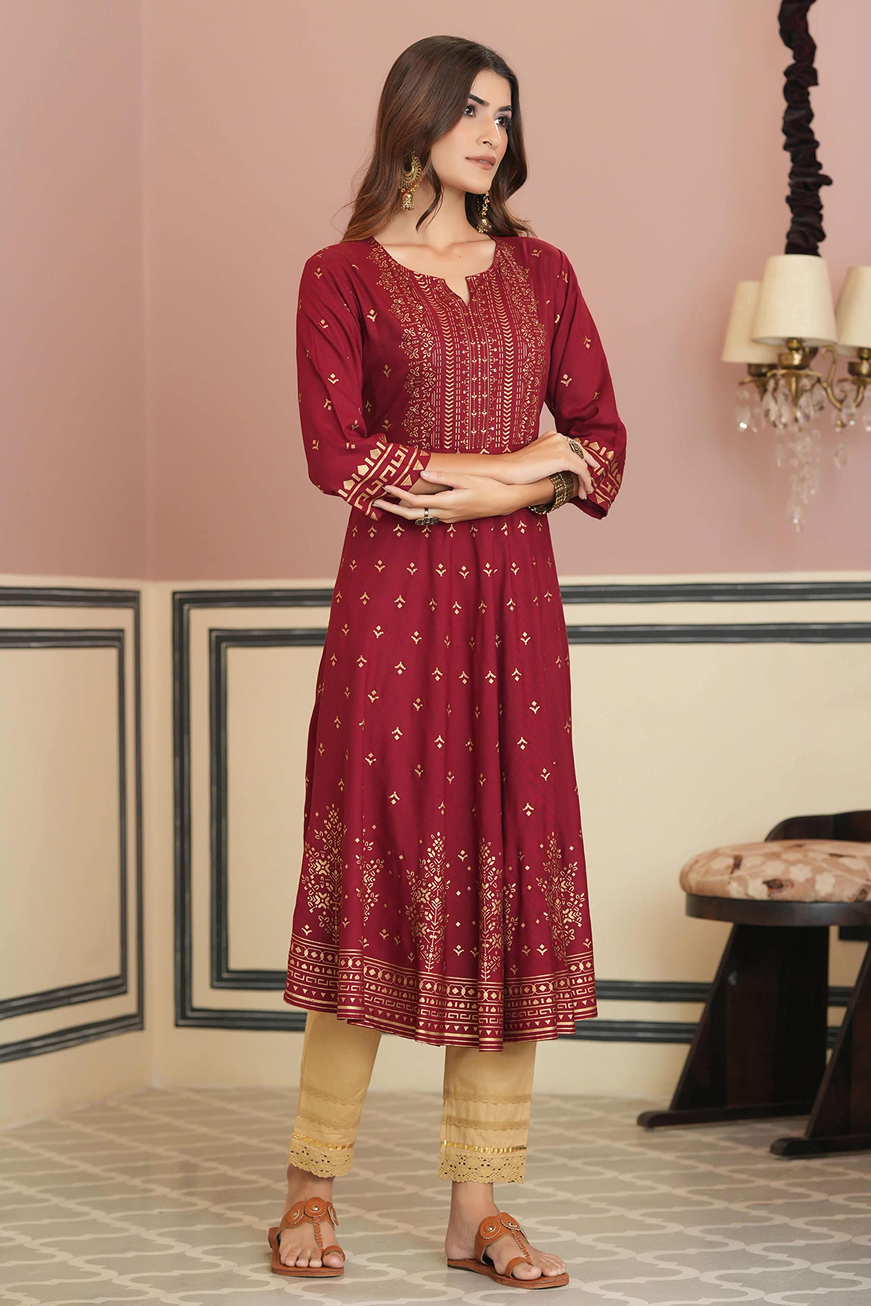 Juniper Women's Maroon Ethnic Motif Printed Rayon Kurta With Sequins - Distacart