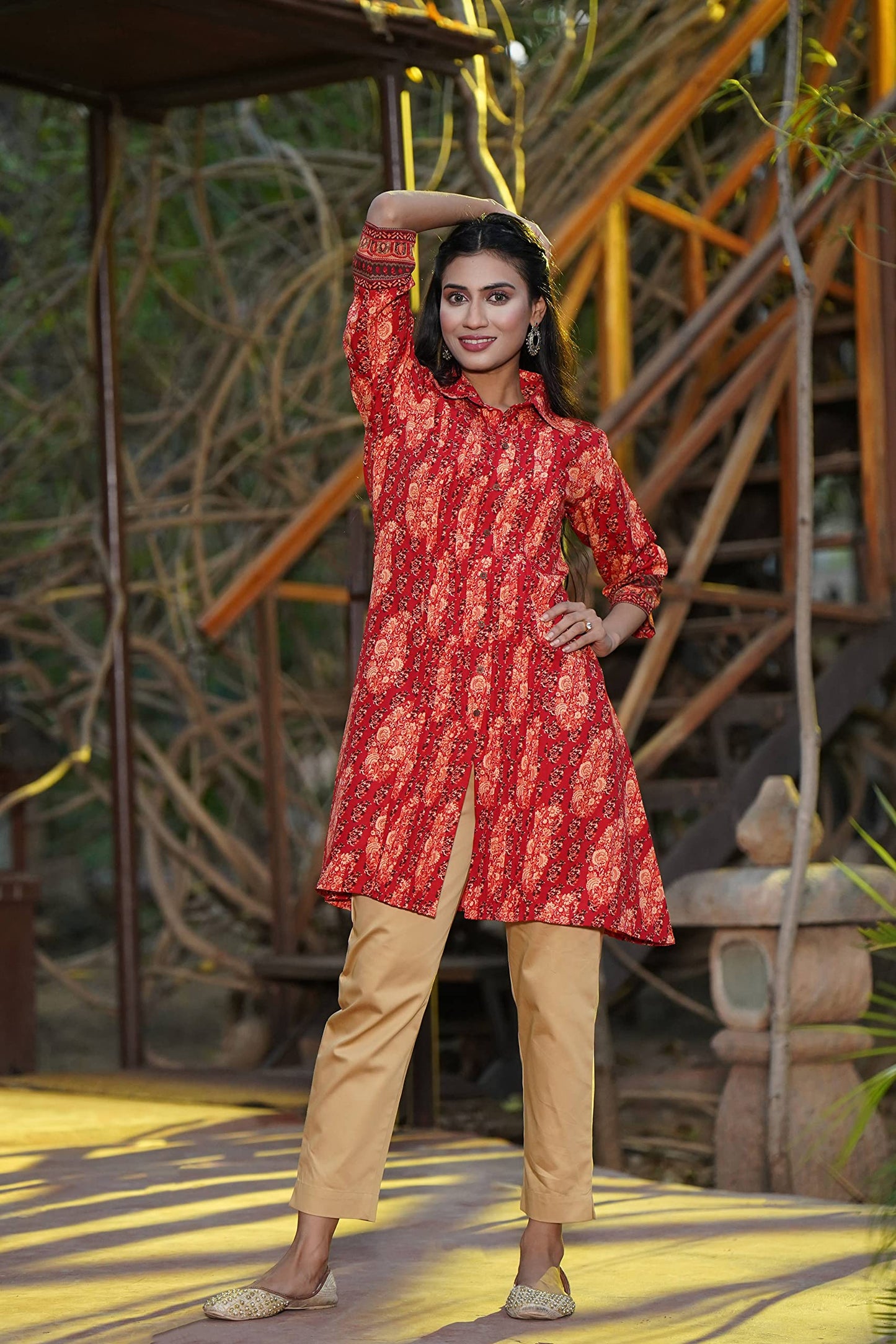 Juniper Women's Red Ethnic Motif Printed Rayon A-Line Kurta with Buttons - Distacart
