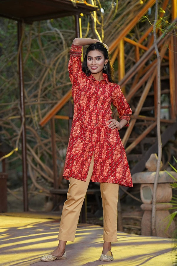 Juniper Women's Red Ethnic Motif Printed Rayon A-Line Kurta with Buttons - Distacart