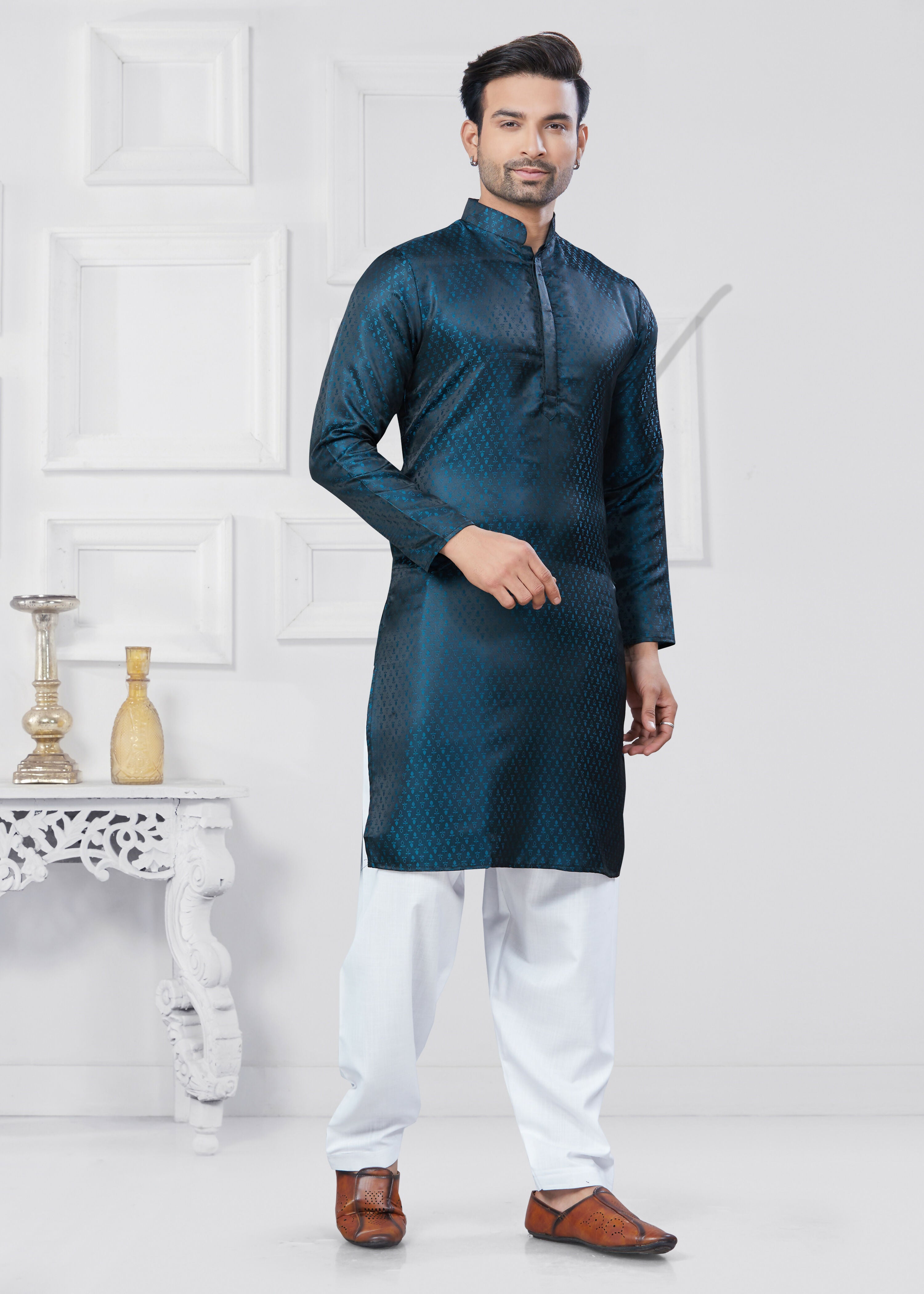 Joban Fashion Men's Jacquard Silk Rama Printed Kurta Pyjama set - Distacart