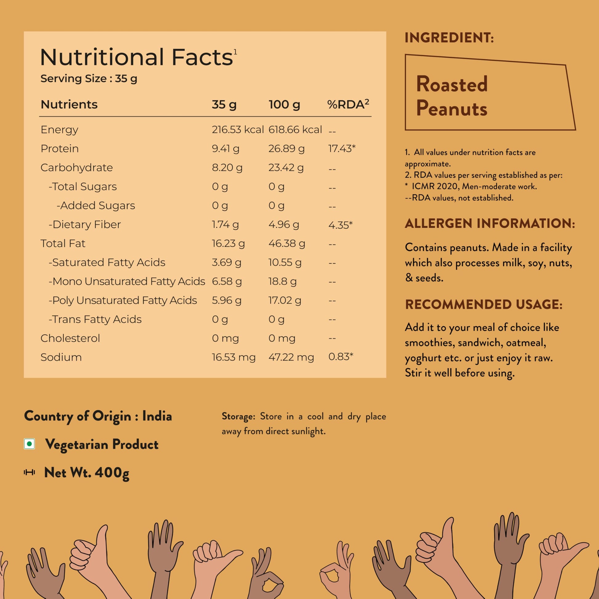 Nutrabay Foods All-Natural Peanut Butter (Crunchy) - Unsweetened, 400g | 28g Protein, Zero Cholesterol, Vegan, Gluten Free, Non GMO