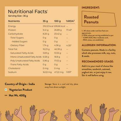 Nutrabay Foods All-Natural Peanut Butter (Crunchy) - Unsweetened, 400g | 28g Protein, Zero Cholesterol, Vegan, Gluten Free, Non GMO