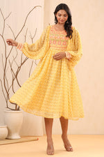 Thumbnail for Juniper Women's Yellow Ethnic Motif Printed Georgette Midi Dress With Sequins Work - Distacart