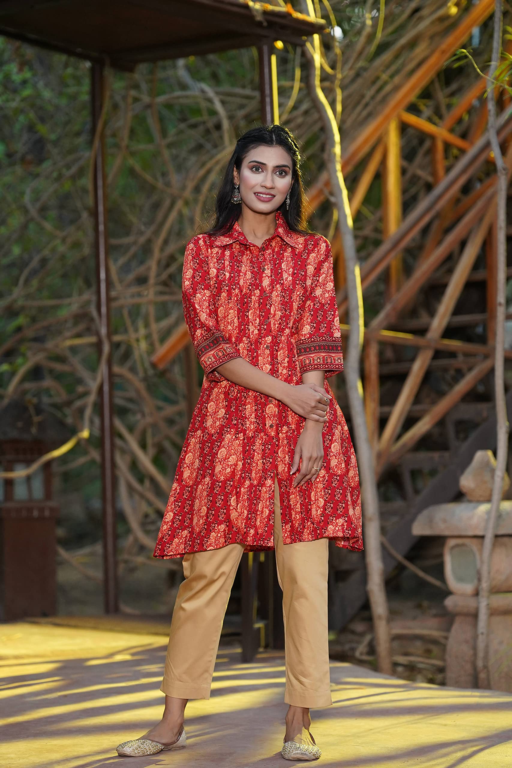 Juniper Women's Red Ethnic Motif Printed Rayon A-Line Kurta with Buttons - Distacart