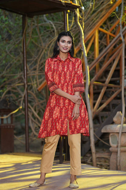 Juniper Women's Red Ethnic Motif Printed Rayon A-Line Kurta with Buttons - Distacart