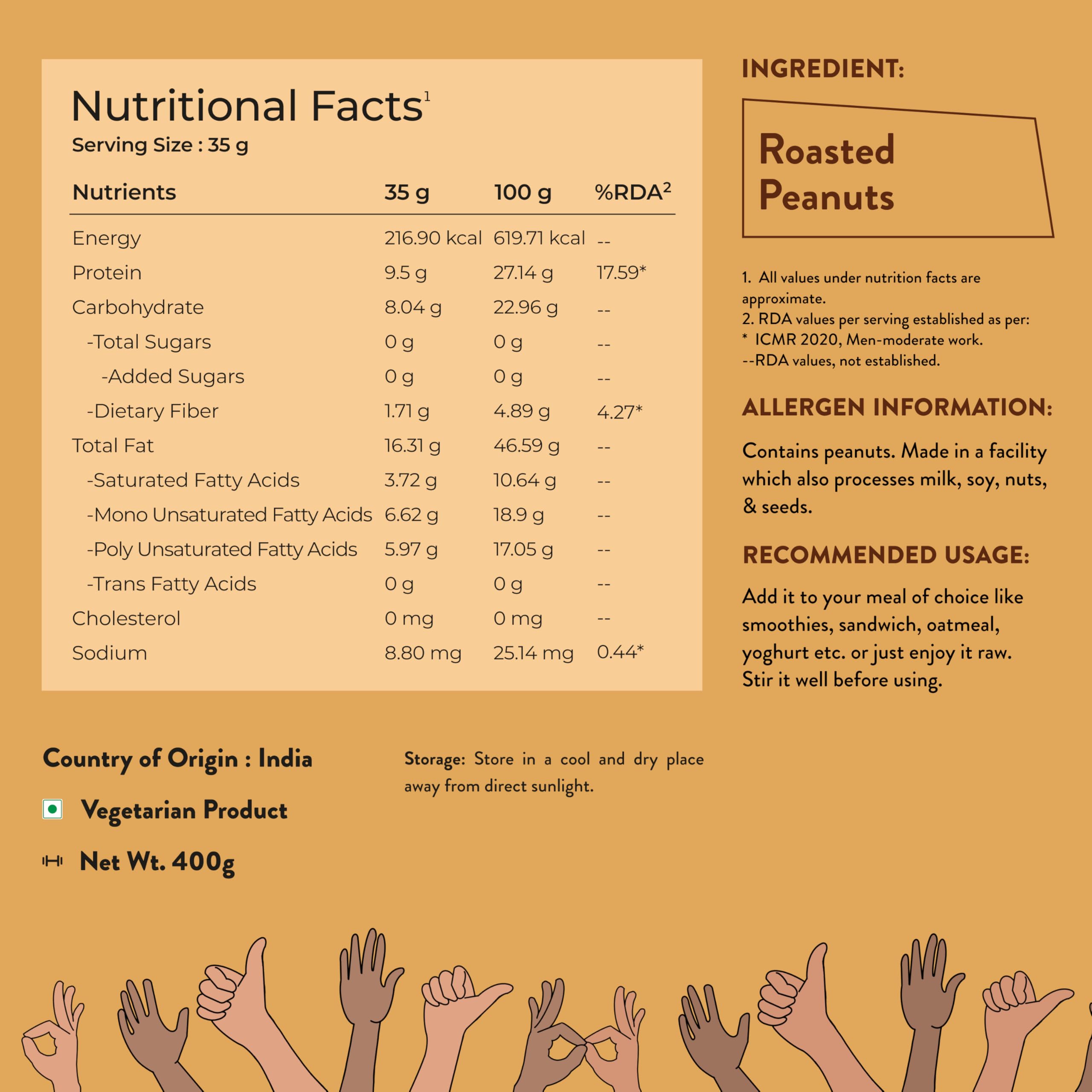 Nutrabay Foods All-Natural Peanut Butter (Creamy) - Unsweetened, 400g | 28g Protein, Zero Cholesterol, Vegan, Gluten Free, Non GMO