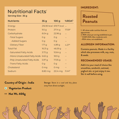 Nutrabay Foods All-Natural Peanut Butter (Creamy) - Unsweetened, 400g | 28g Protein, Zero Cholesterol, Vegan, Gluten Free, Non GMO