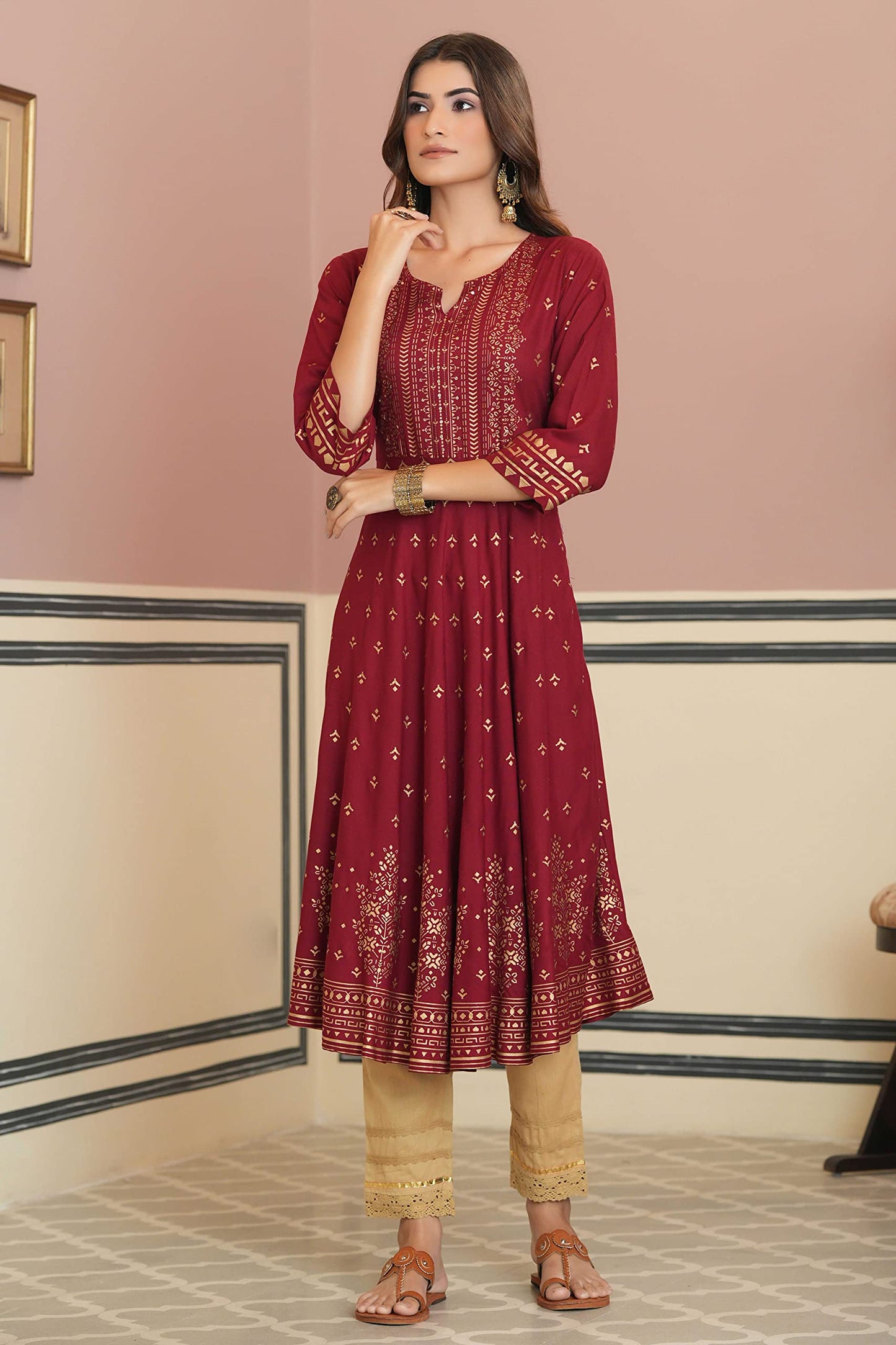 Juniper Women's Maroon Ethnic Motif Printed Rayon Kurta With Sequins - Distacart