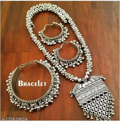 Tehzeeb Creations Women's Silver Colour Oxidised Necklace Earring And Bangle Set - Distacart
