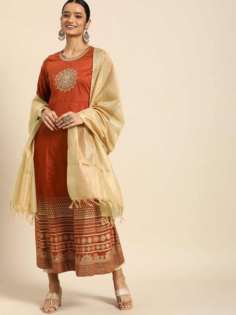 All About You Women Orange& Cream Embroidered Kurta with Dupatta - Distacart