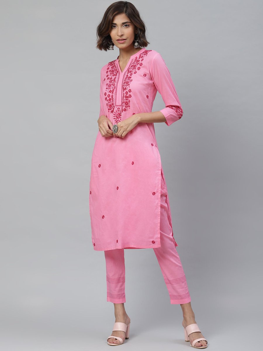 ADA Women Pink & Red Chikankari Embroidered Sustainable Handloom Kurta with Trousers - Distacart