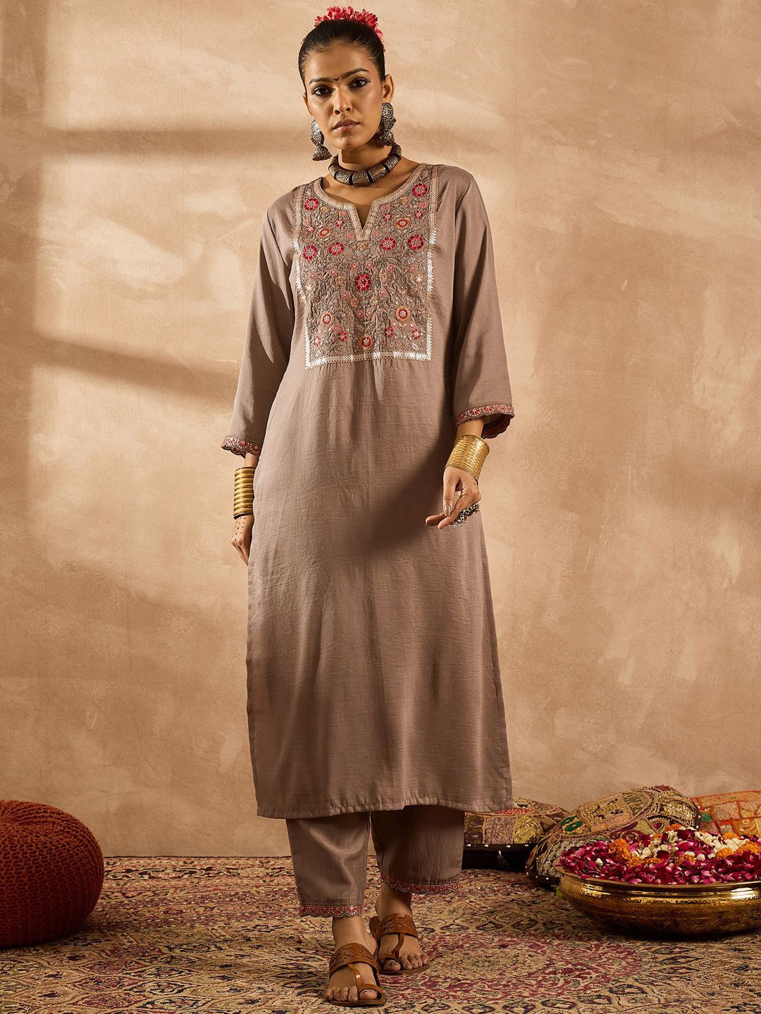 Indo Era Women Ethnic Motifs Embroidered Regular Thread Work Kurta with Trousers & With Dupatta