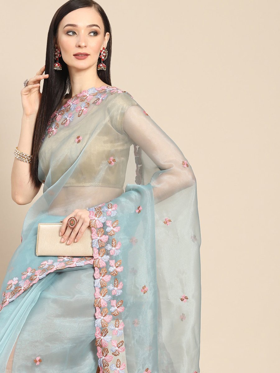 Anouk Blue & Pink Floral Organza Saree - Distacart