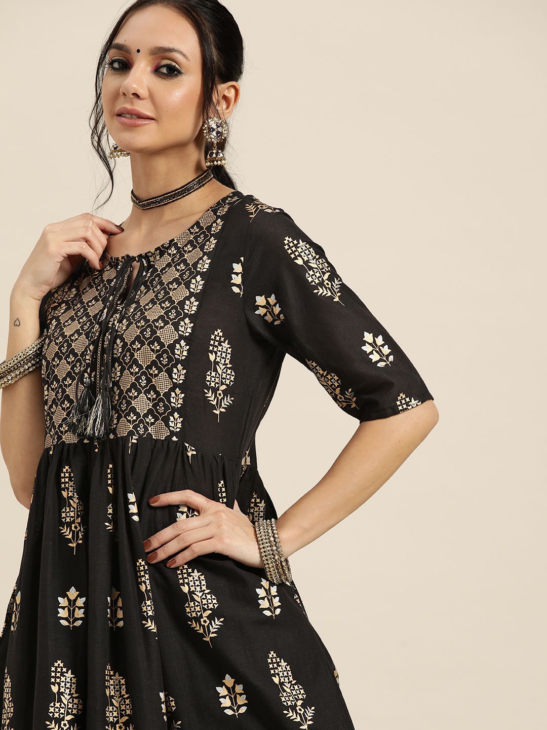 Sangria Women Black & Golden Ethnic Motifs Printed Kurta - Distacart