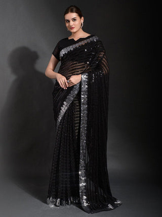 Anouk Black & Silver-Toned Embellished Sequinned Pure Georgette Saree - Distacart