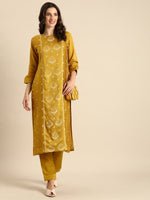 Thumbnail for All About You Women Mustard Yellow & Off-White Ethnic Motifs Embroidered Kurta Set - Distacart