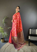 Thumbnail for Joban Fashion Pink Checked & Circular Motifs Soft Silk Banarasi Saree - Distacart
