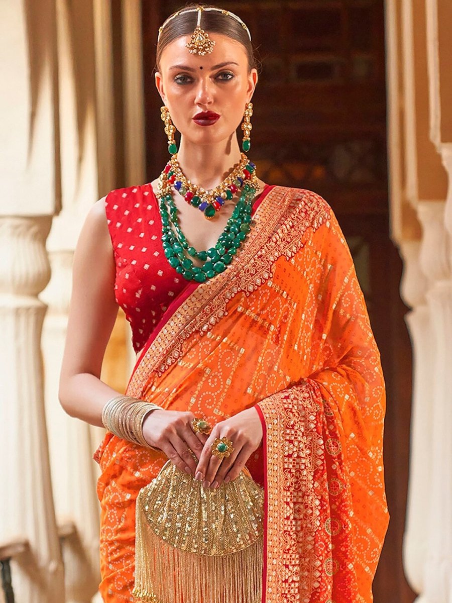 Anouk Orange & Red Bandhani Beads and Stones Pure Georgette Saree - Distacart