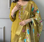 Thumbnail for The52 Mustard Gorgeous Embroidered Viscose Chanderi Fabric Straight Kurta Pant with Dupatta Set - Distacart