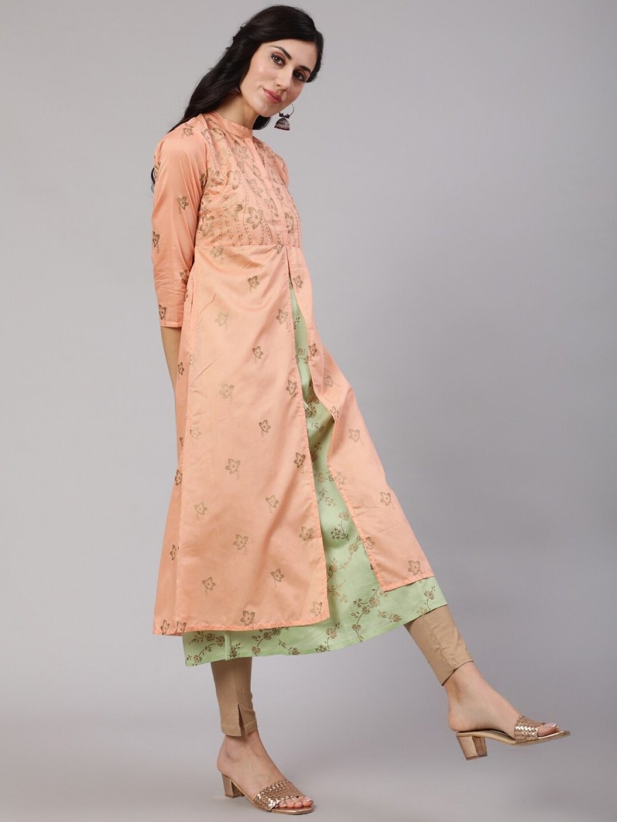 Aks Floral Printed Layered Chanderi Silk A Line Kurta - Distacart