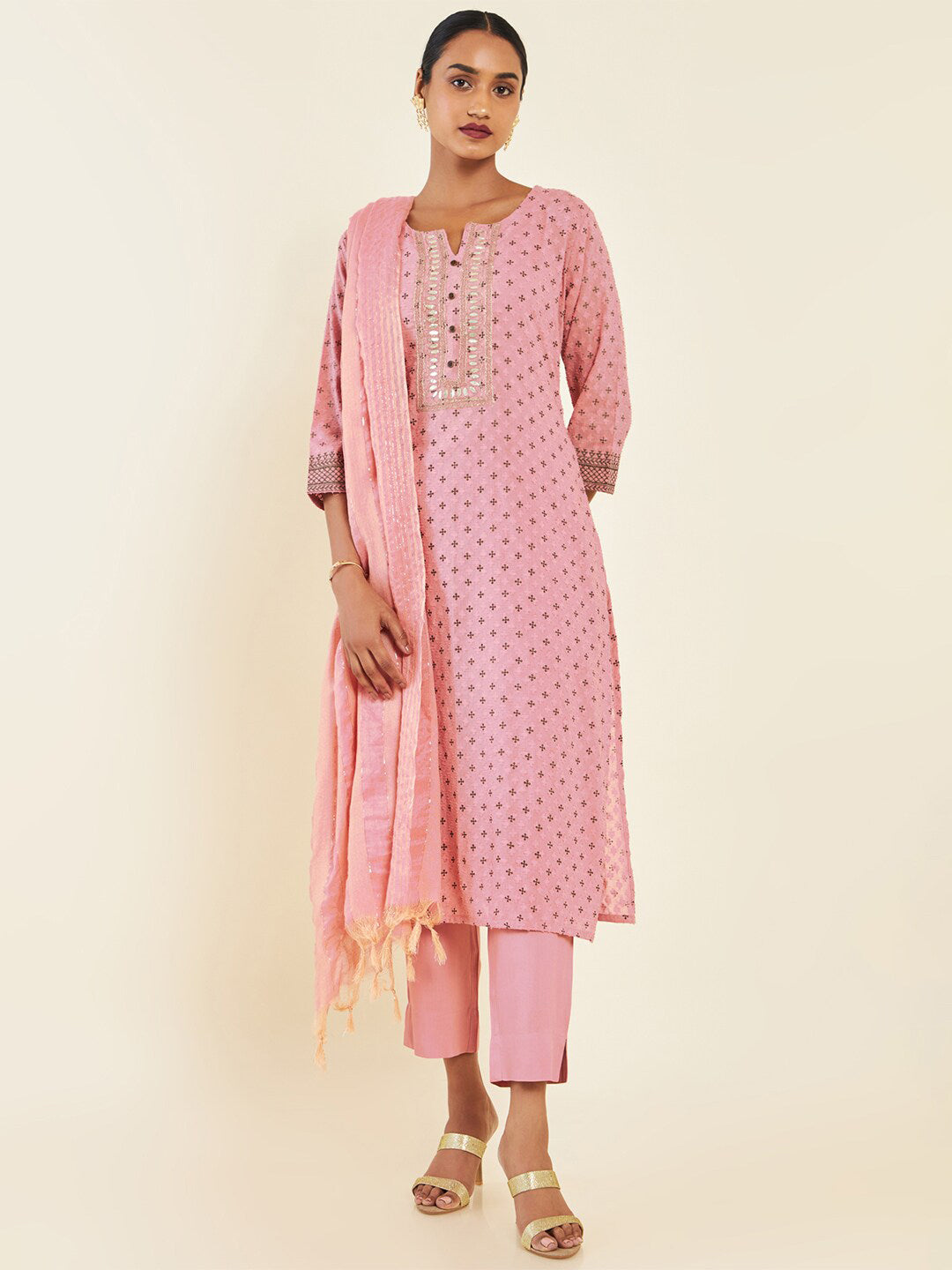 Soch Pink & Brown Floral Printed Pure Cotton Kurta With Trousers & Dupatta - Distacart