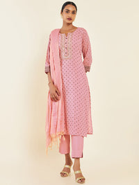 Thumbnail for Soch Pink & Brown Floral Printed Pure Cotton Kurta With Trousers & Dupatta - Distacart