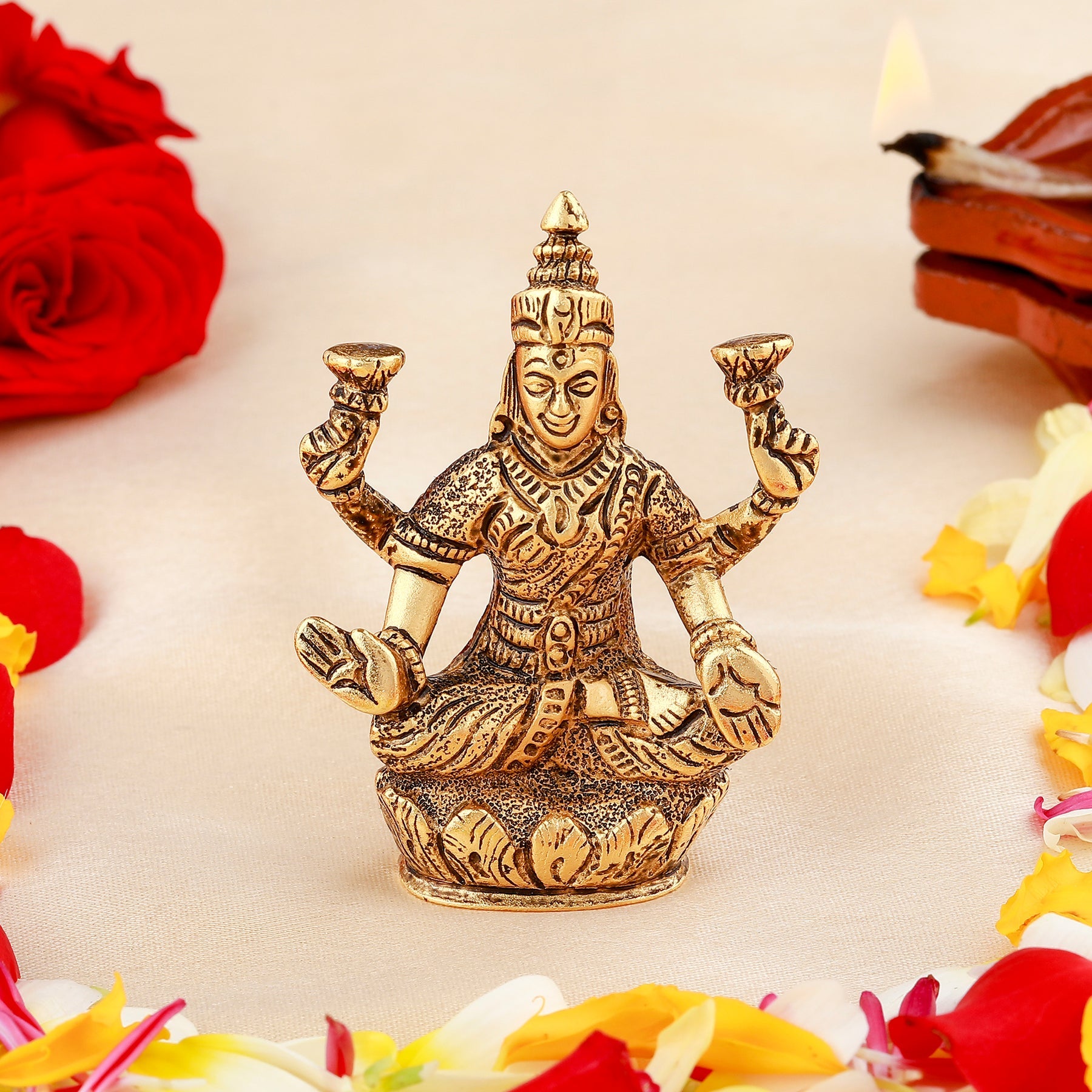 Estele Gold-Polished goddess of wealth Laxmi Devi on lotus Idol for Pooja/Car decor - Distacart