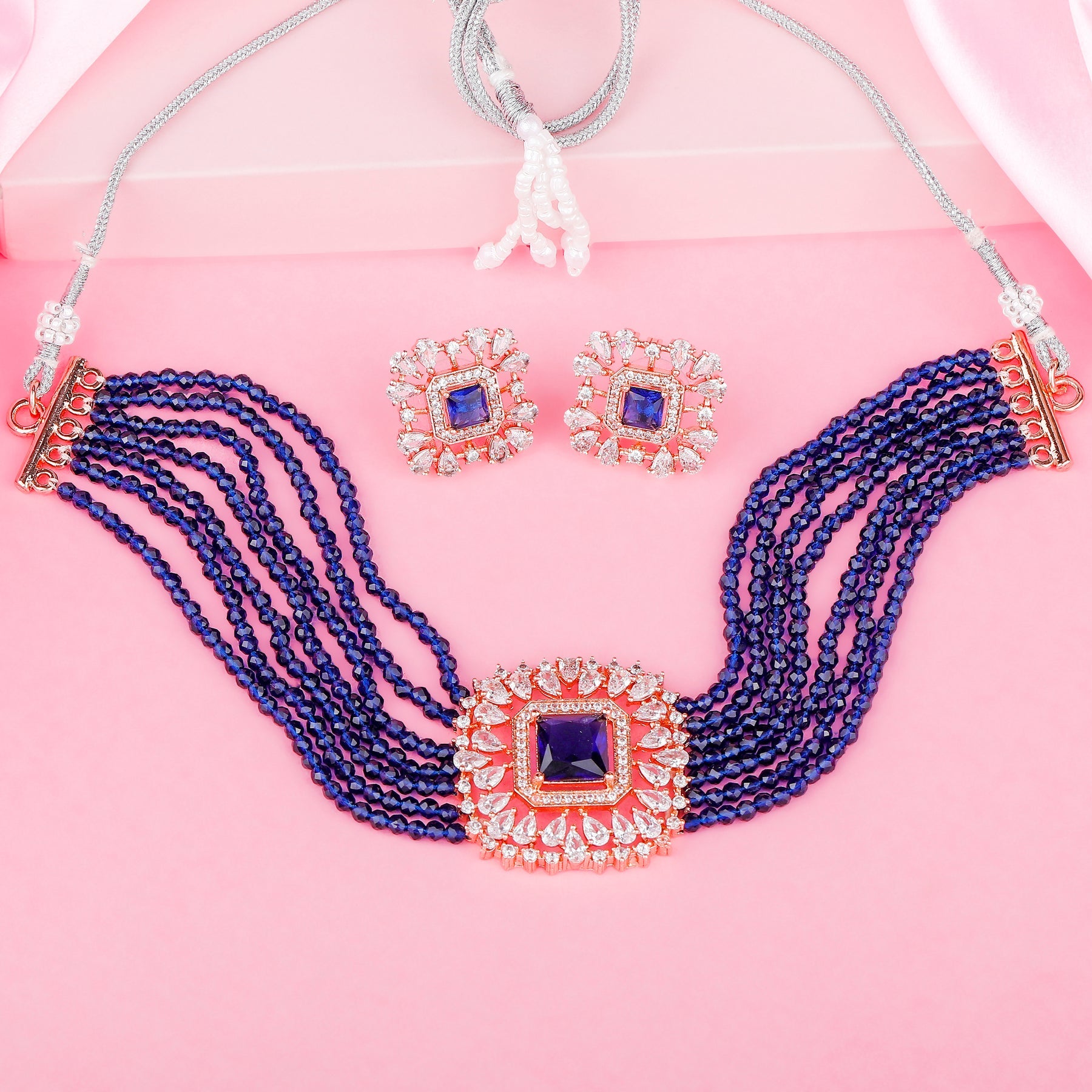 Estele Rose Gold-Polished CZ Square Choker Necklace Set with Navy Blue Beads for Women - Distacart