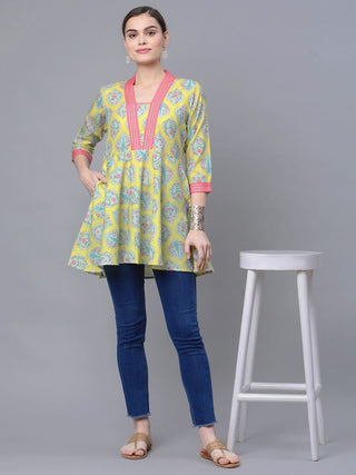 Ahalyaa Women Cotton Blend Lemon Yellow Digital Printed Tunic - Distacart