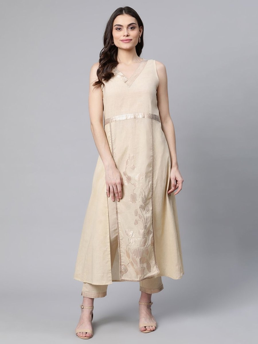 Ahalyaa Women Beige Pure Cotton Printed Floral Kurta With Trousers - Distacart