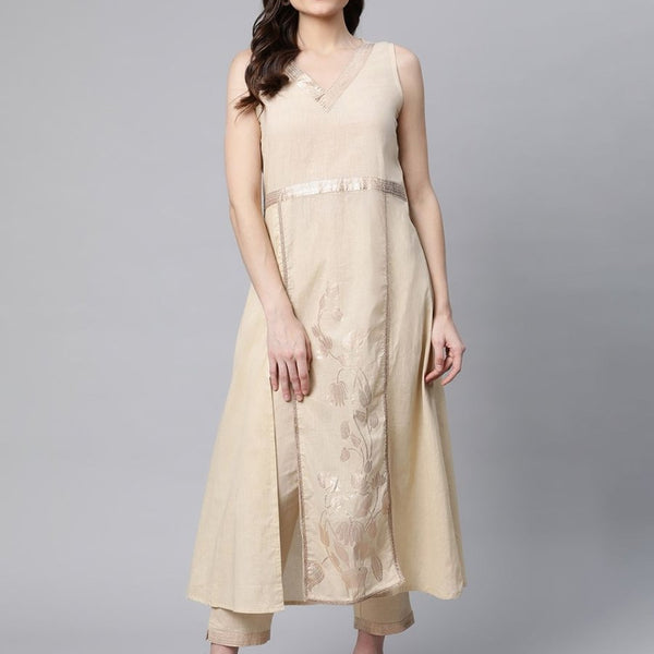 Ahalyaa Women Beige Pure Cotton Printed Floral Kurta With Trousers - Distacart
