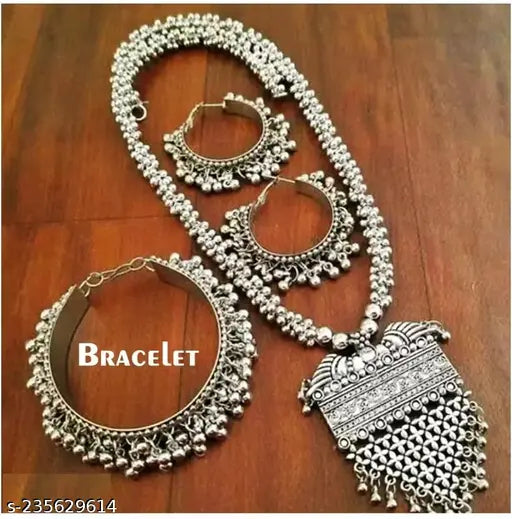 Tehzeeb Creations Women's Silver Colour Oxidised Necklace Earring And Bangle Set - Distacart