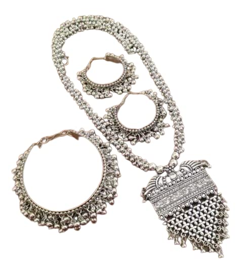 Tehzeeb Creations Women's Silver Colour Oxidised Necklace Earring And Bangle Set - Distacart