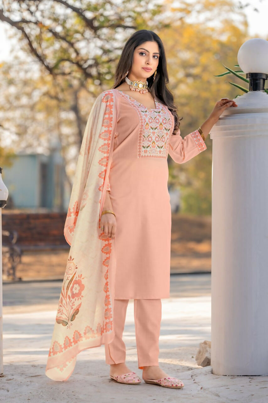Preksha Creation Multi Color Wedding Special Women Cotton Embroidered Kurti With Dupatta And Pant