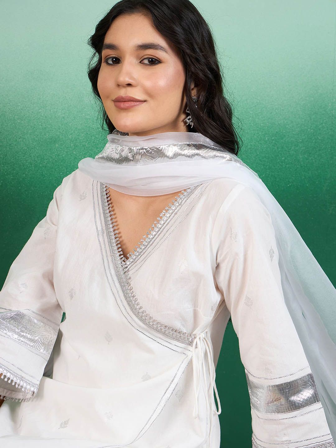 Sangria White Ethnic Motifs Printed Angrakha Kurta With Trouser & Dupatta - Distacart