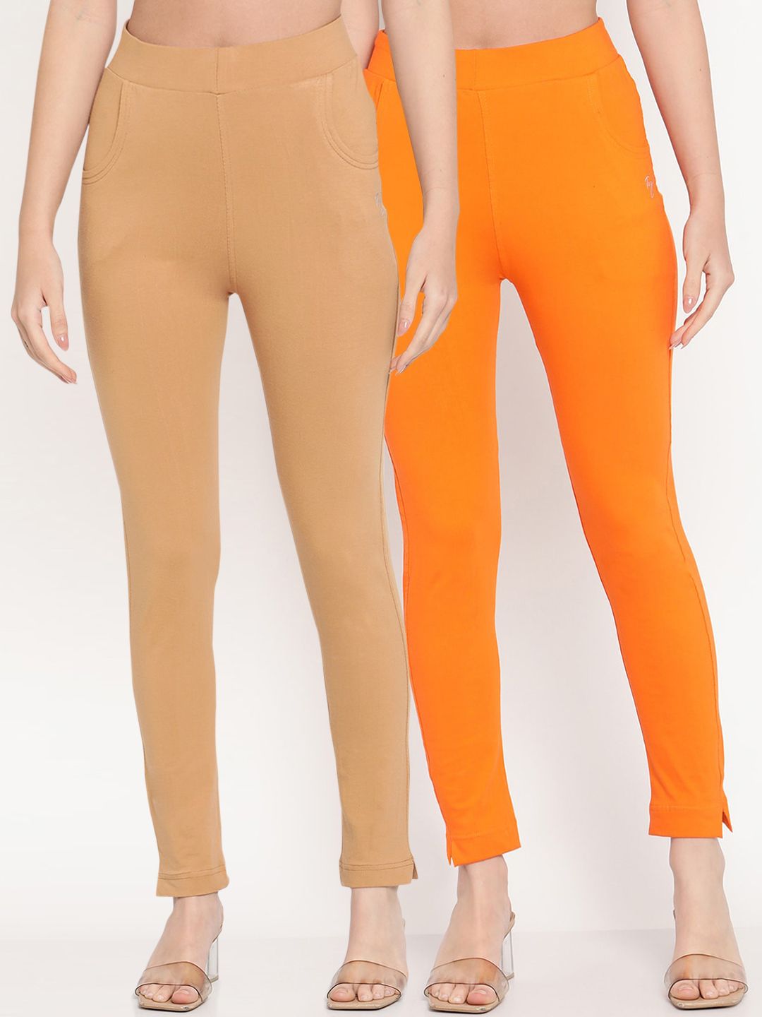 TAG 7 Set Of 2 Beige & Orange Solid Leggings - Distacart