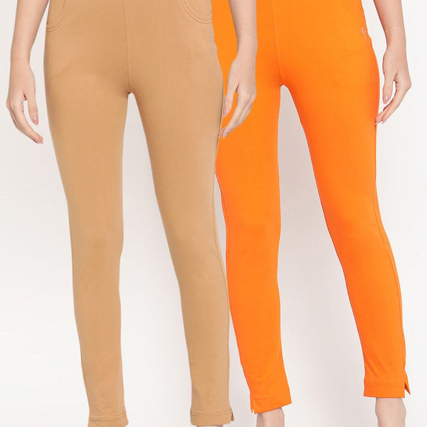 TAG 7 Set Of 2 Beige & Orange Solid Leggings - Distacart
