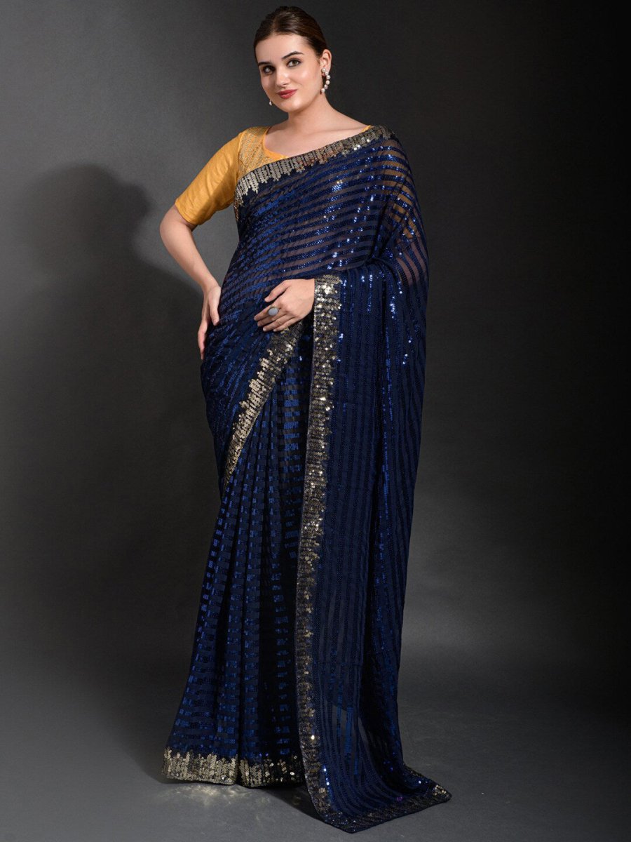 Anouk Navy Blue & Gold-Toned Embellished Sequinned Pure Georgette Saree - Distacart