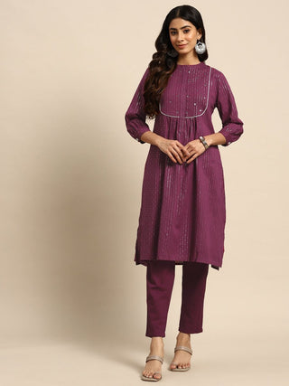All About You Striped Pleated Sequinned Pure Cotton Kurta with Trousers - Distacart