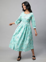 Thumbnail for AURELIA Floral Printed Pure Cotton Fit & Flare Midi Ethnic Dress