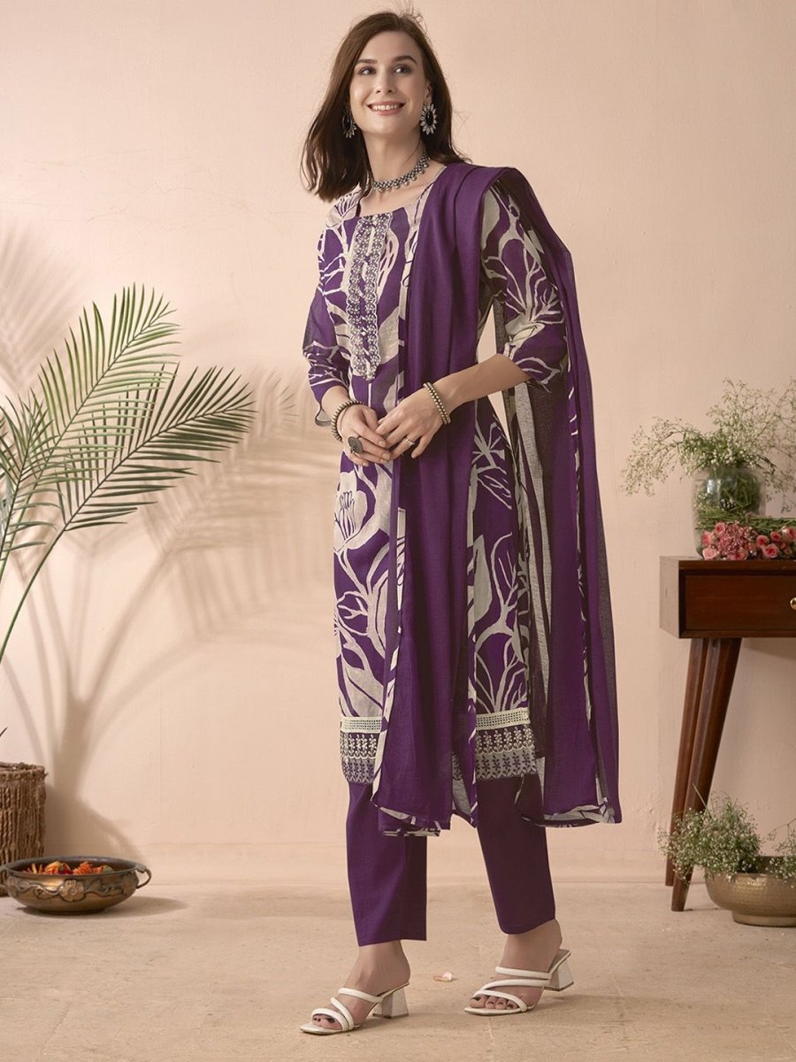 Anouk Floral Printed Thread Work Pure Cotton Straight Kurta With Trousers & Dupatta