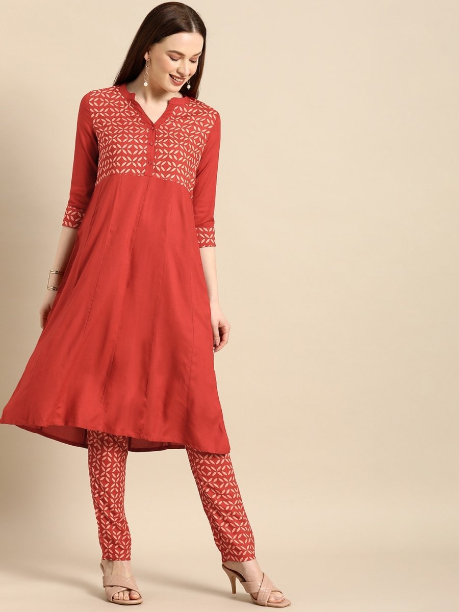 All About You Women Red & Cream Printed Kurta with Trousers - Distacart