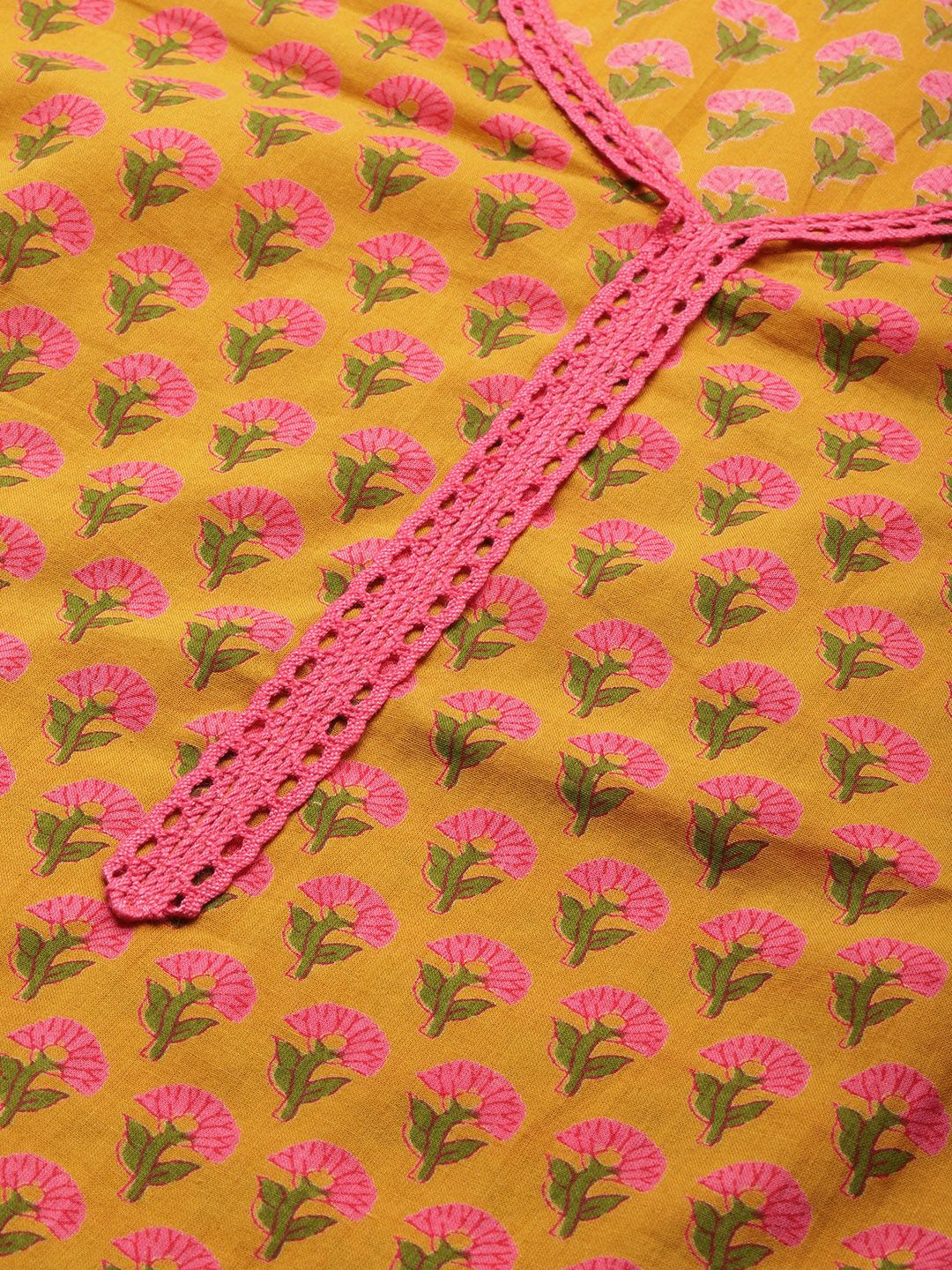 Ode by House of Pataudi Women Mustard Yellow Floral Printed Pure Cotton Kurta with Palazzos - Distacart