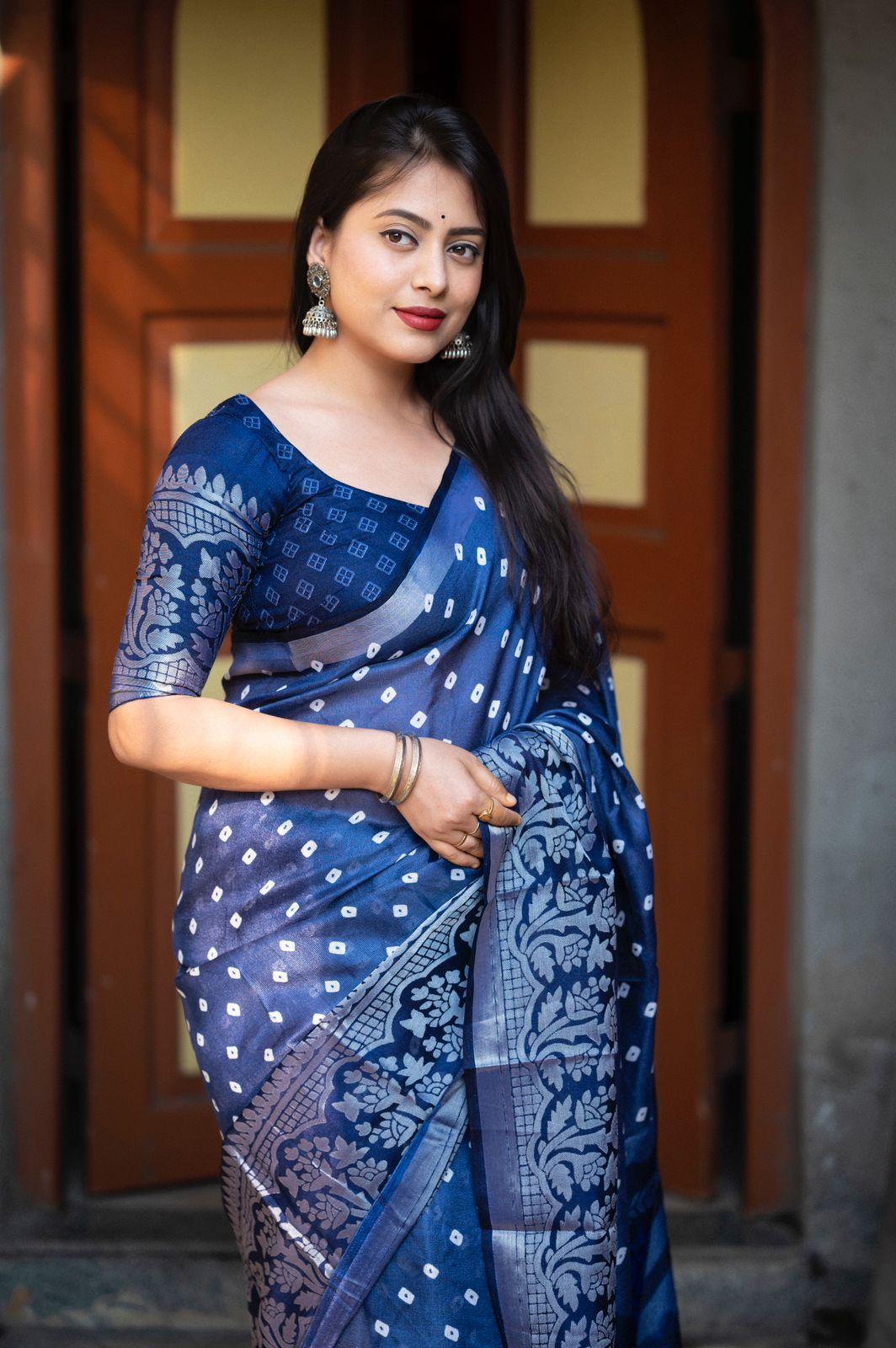 Lightblue Jute Silk Printed Saree with Unstitched Blouse - Hiral Fashion - Distacart