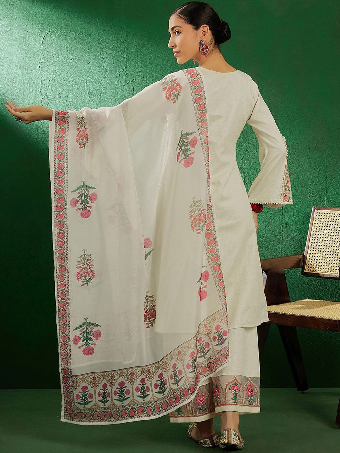 Sangria Off White Floral Embroidered Pure Cotton Kurta With Palazzo & Dupatta