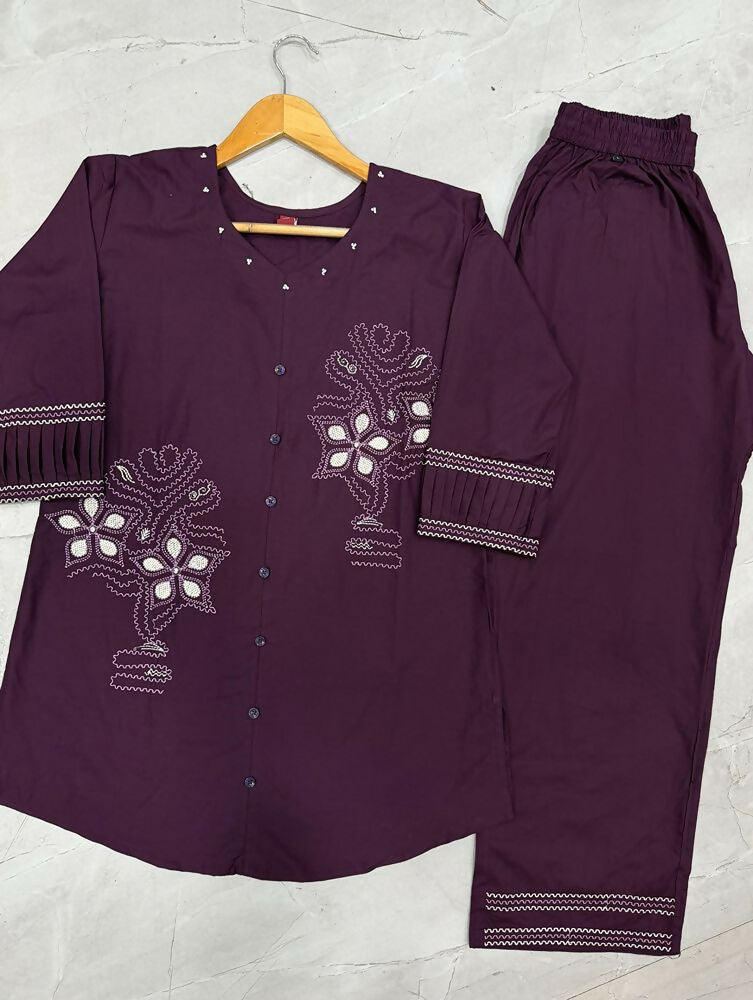 Teeya Creation Wine Embroidered Cotton Co-ord Set for Women - Dista