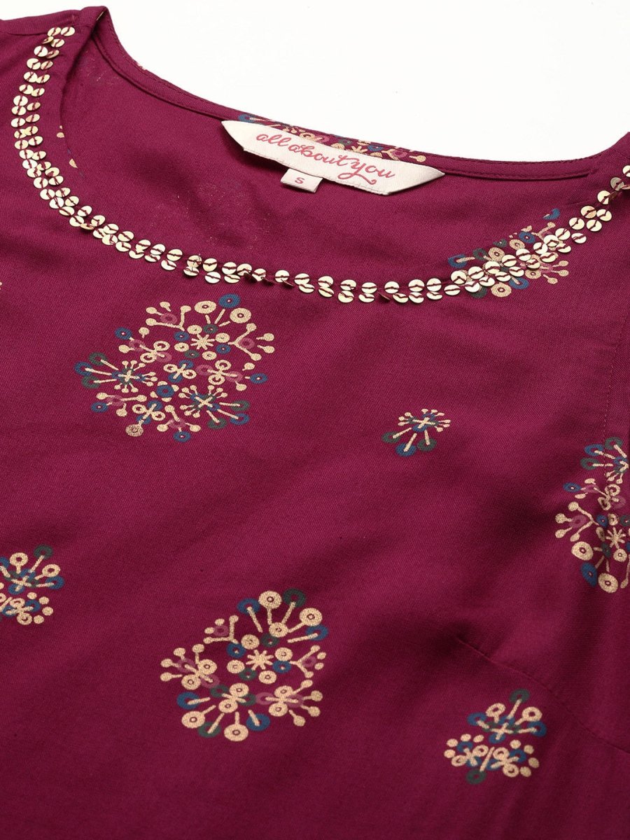 All About You Ethnic Motifs Printed Sequinned Kurta with Trousers - Distacart